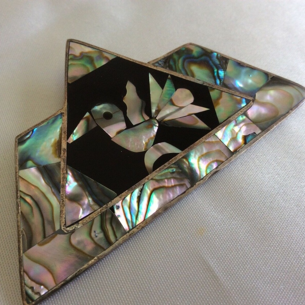 VTG Silver Alpaca Mexico Black Onyx Abalone Shell Bird pin brooch